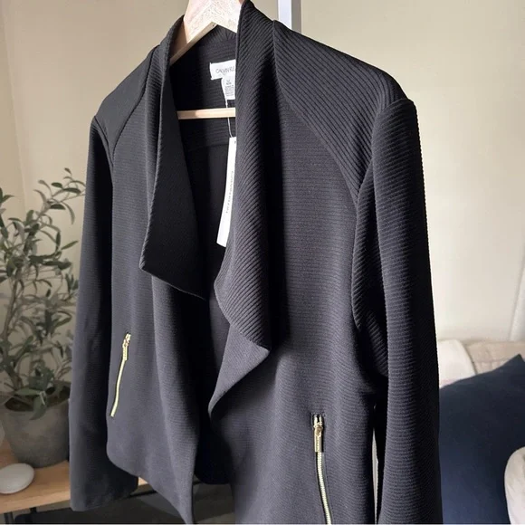 CALVIN KLEIN WOMEN’S MODERN ESSENTIALS Open Jacket Black W/Gold Zippers Sz L NWT - Picture 3 of 12